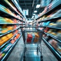 Supermarket rush Blurry shopping cart in the bustling department store scene