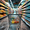 Supermarket rush Blurry shopping cart in the bustling department store scene