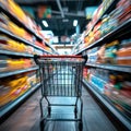 Supermarket rush Blurry shopping cart in the bustling department store scene