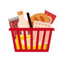 Supermarket self service shopping cart basket full grocery food products. Vector isolated illustration Royalty Free Stock Photo