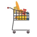 Supermarket self service shopping cart basket trolley full grocery food products. Vector isolated illustration Royalty Free Stock Photo