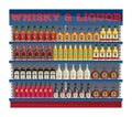 Supermarket shelf display with whisky and liquors.
