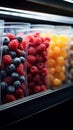 Supermarket shelf stocked with convenient plastic bags of frozen, flavorful berries