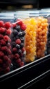 Supermarket shelf stocked with convenient plastic bags of frozen, flavorful berries