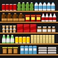 Supermarket. Shelfs Shelves with Products and Drinks. Vector