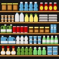 Supermarket. Shelfs Shelves with Products and Drinks. Vector