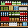 Supermarket. Shelfs Shelves with Products and Drinks. Vector