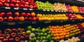 Supermarket shelves filled with wide range of organic fruit. Colorful display of healthy product in the shop. Generative AI Royalty Free Stock Photo