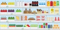 Supermarket shelves with food and drinks, fruits, vegetables, bread, milk and grocery, vector illustration Royalty Free Stock Photo