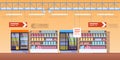 Supermarket shelves, fridge with drinks. Buying in supermarket, store.