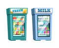 Supermarket shelves, fridge with fresh drinks and milk.