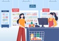 Supermarket with Shelves, Grocery Items and Full Shopping Cart, Retail, Products and Consumers in Flat Cartoon Illustration Royalty Free Stock Photo