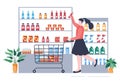 Supermarket with Shelves, Grocery Items and Full Shopping Cart, Retail, Products and Consumers in Flat Cartoon Illustration Royalty Free Stock Photo