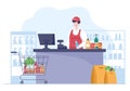 Supermarket with Shelves, Grocery Items and Full Shopping Cart, Retail, Products and Consumers in Flat Cartoon Illustration Royalty Free Stock Photo