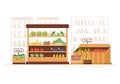 Supermarket with Shelves, Grocery Items and Full Shopping Cart, Retail, Products and Consumers in Flat Cartoon Illustration Royalty Free Stock Photo