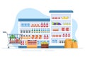 Supermarket with Shelves, Grocery Items and Full Shopping Cart, Retail, Products and Consumers in Flat Cartoon Illustration Royalty Free Stock Photo