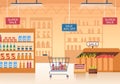 Supermarket with Shelves, Grocery Items and Full Shopping Cart, Retail, Products and Consumers in Flat Cartoon Illustration Royalty Free Stock Photo