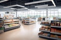 Supermarket shelves with shelfs full of a variety of products