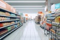 Supermarket shelves with shelfs full of a variety of products