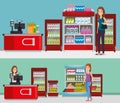 Supermarket shelvings with people buying