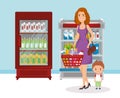 Supermarket shelvings with woman buying