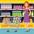 Supermarket shelvings with woman buying