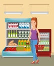 Supermarket shelvings with woman buying