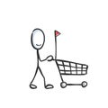 Supermarket shopping cart. Man in a store. Hand drawn. Stickman cartoon. Doodle sketch, Vector graphic illustration