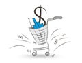 Supermarket shopping cart vector illustration, Dollars and graph in the shopping cart, hand drawn, web icon, Graphic, sketch Royalty Free Stock Photo