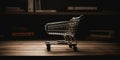Supermarket Shopping Cart on Wooden Floor with Shelves - generative AI