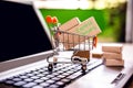 Supermarket shopping cart with written packages: Delivery Express, over personal computer, online shopping concept, fast delivery Royalty Free Stock Photo