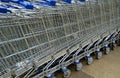 Supermarket shopping carts all stowed away