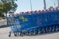 Supermarket shopping carts of the French brand hyper U