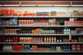 Supermarket shopping. Products on store shelfs, front view