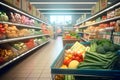 Supermarket shopping scene selecting groceries, fruits, and vegetables with a filled shopping cart by Generative AI Royalty Free Stock Photo