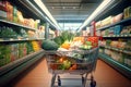 Supermarket shopping scene selecting groceries, fruits, and vegetables with a filled shopping cart by Generative AI Royalty Free Stock Photo
