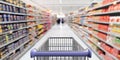 Shopping trolley, empty, with blue handle on blur supermarket aisle background. 3d illustration