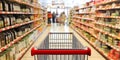 Shopping trolley, empty, with red handle on blur supermarket aisle background. 3d illustration