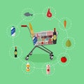 Supermarket shopping trolley cart with grocery products. Vector illustration in flat style. Food icons and design Royalty Free Stock Photo