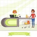 Supermarket store cashier and customer with grocery shopping cart. Young cartoon women characters. Flat shop counter Royalty Free Stock Photo