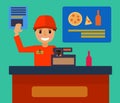 Supermarket store counter desk equipment and cashier clerk in uniform Flat design, vector illustration Royalty Free Stock Photo