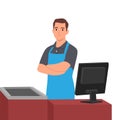 Supermarket store counter desk equipment and cashier clerk in uniform folded his hands Royalty Free Stock Photo
