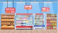 Supermarket store interior with goods. B