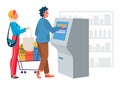 Supermarket store with self service payment, vector illustration, flat man woman character use machine in grocery