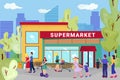 Supermarket store, vector illustration. Flat street with people character near city shop, retail sale at cartoon mall Royalty Free Stock Photo