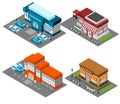 Supermarket stores buildings isometric icons set Royalty Free Stock Photo