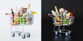 Supermarket trolley cart with fresh products and red handle. Realistic grocery cart 3d render illustration. Shopping cart full of Royalty Free Stock Photo