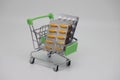 A supermarket trolley full of blister pills, a lot of pills in a wheelbarrow. Concept: home delivery of medicines.Empty