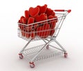 Supermarket trolley full of red hearts