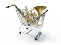 Supermarket trolley full of wind musical instruments.